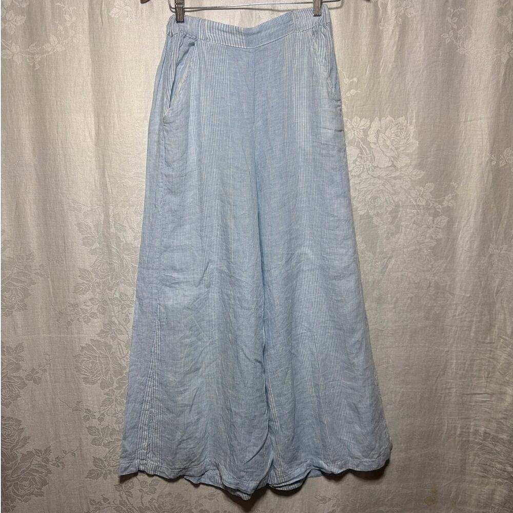 CP Shades Pull On Pants Small Blue White Stripes Wide Leg 100% Linen The Seaside